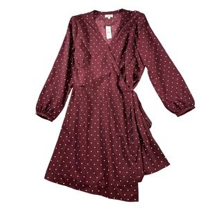 LOFT Outlet Polka Dot Wrap Dress Maroon Burgundy Long Sleeve Plus Size 18 NWT